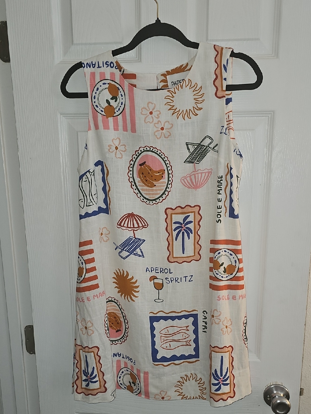 PAPER HEART Sleeveless Printed Shift Dress in Cream with Coral & Navy Motifs
